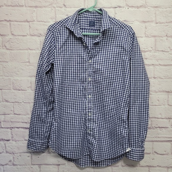 Truzzi Geometric Plaid Italian Button Shirt Mens 41-16 (L) Blue White Casual - Picture 1 of 8